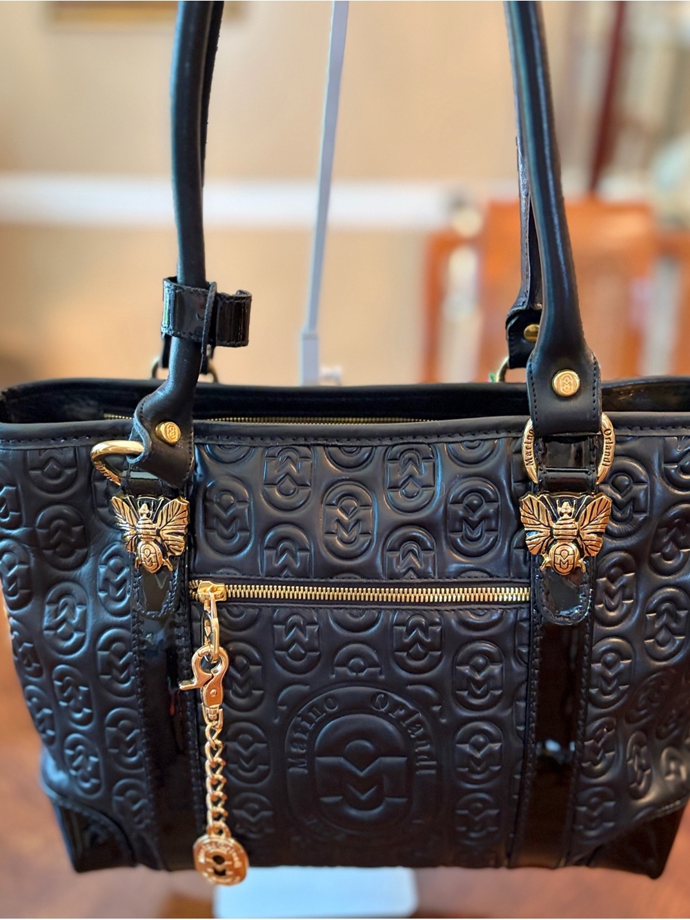 Marino Orlandi Black Quilted Patent Satchel with Gold Charm - Picture 5 of 12